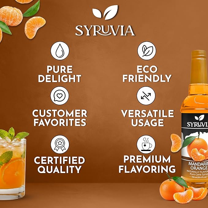 Syruvia Mandarin Orange Flavored Syrup for Drinks, Cocktails, Lemonades, Iced Teas and Desserts – 25.4 fl oz, With Pump
