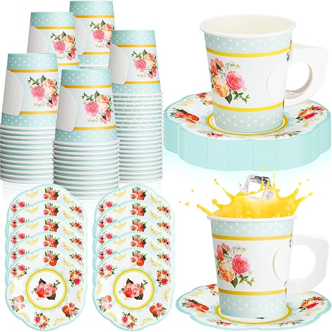100 Pcs Tea Party Decorations Includes 50 7 oz Paper Tea Cups with Handle 50 Vintage Floral Plates Disposable Tea Cups and Saucers for Wedding Spring Party Birthday Hot Cold Drinks(Blue)