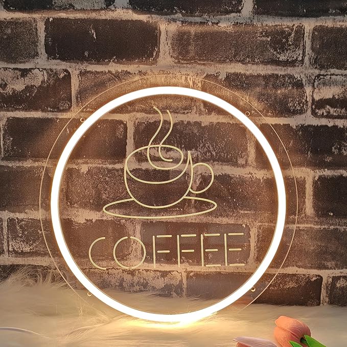 Dimmable Coffee Neon Sign - Vintage Cafe Wall Art, Warm White LED Light for Coffee Bar, Kitchen Decor, Events Backdrop, Perfect Barista Gift (USB Powered and Cup Shape Design)