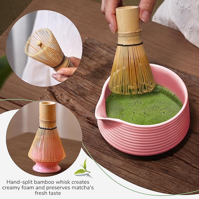 HELPLX Matcha Whisk Set, 10-Piece Japanese Matcha Kit with Bowl, Whisk & Holder, 2 Tea Cups, Bamboo Scoop, Spoon, Sifter, Scoop Rest & Tea Towel – Pink Matcha Tea Set for Ceremony or Daily Use