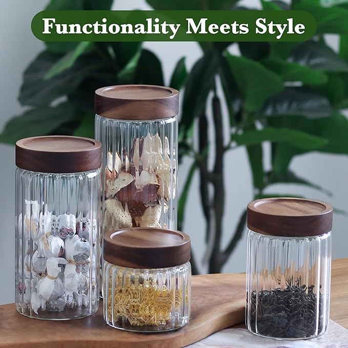 Decorative Borosilicate Glass Jar with Screw Top Airtight Wooden Lid, 17 oz/500ml Leak Resistant Food Storage Canister, Wide Mouth Container for Coffee Sugar Tea Cookie Candy Overnight Oatmeal Salad