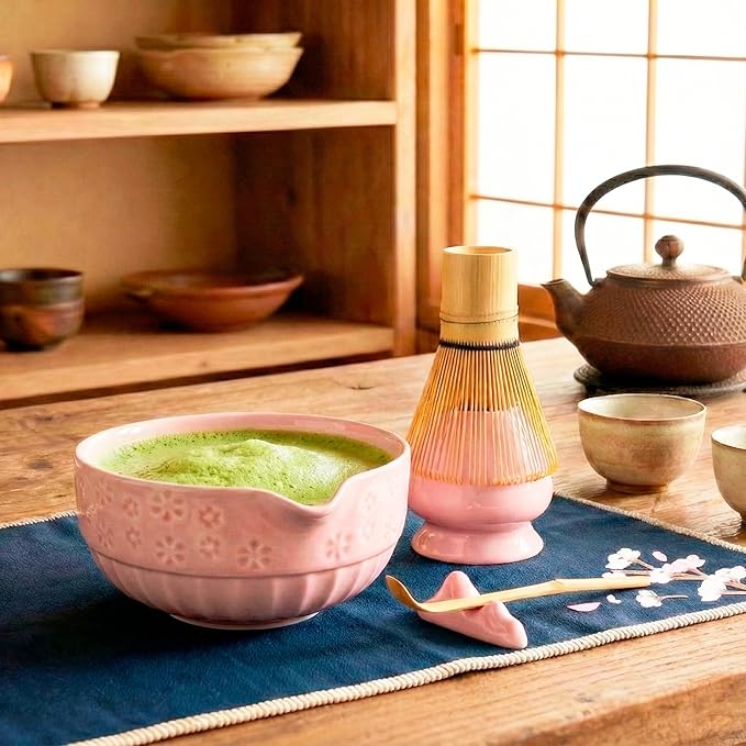 Matcha Whisk Set, Ceramic & Pink Matcha Set with Bowl, Bamboo Whisk, Scoop, Strainer, Scoop Rest, Holder, Cloth + Instruction Handbook – Traditional Japanese Tea Ceremony Kit