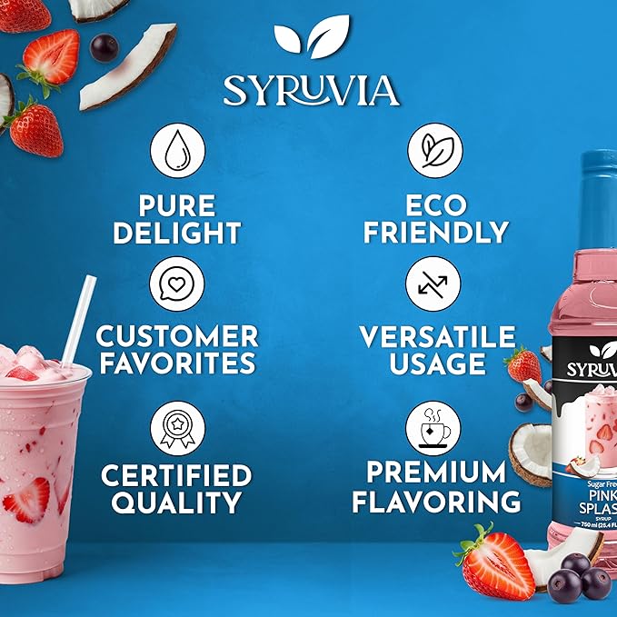 Syruvia Sugar Free Pink Splash Flavored Syrup for Drinks, Cocktails, Lemonades, Iced Teas and Desserts – 25.4 fl oz