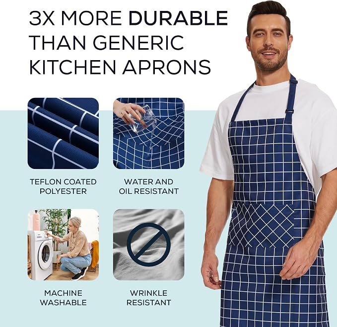 Will Well 2 Pack Bib Apron For Men & Women with 2 Pockets - Navy Checkered | Unisex 33'' x 27'' Oil & Water Resistant Soft Kitchen Chef Apron with Adjustable Neck Strap & 38'' Waist Ties for Snug Fit - Image 2
