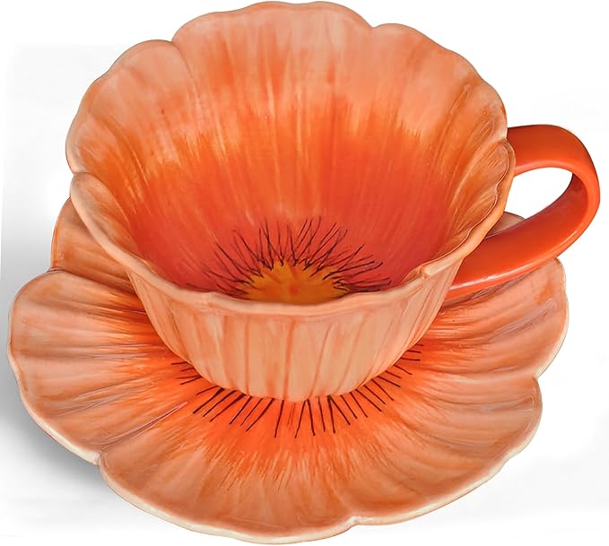 JUSONEY 10 oz Tea Cups and Saucers, Ceramic Flower-shaped Cappuccino Cup, Latte Cup and Saucer set, elegant floral Espresso Cup set, cups are microwave and dishwasher safe-Orange