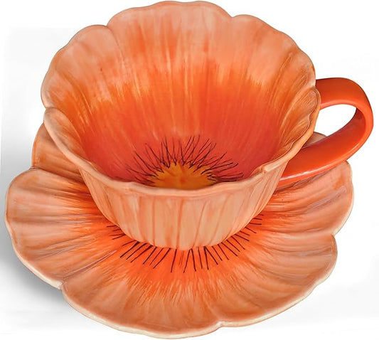JUSONEY 10 oz Tea Cups and Saucers, Ceramic Flower-shaped Cappuccino Cup, Latte Cup and Saucer set, elegant floral Espresso Cup set, cups are microwave and dishwasher safe-Orange
