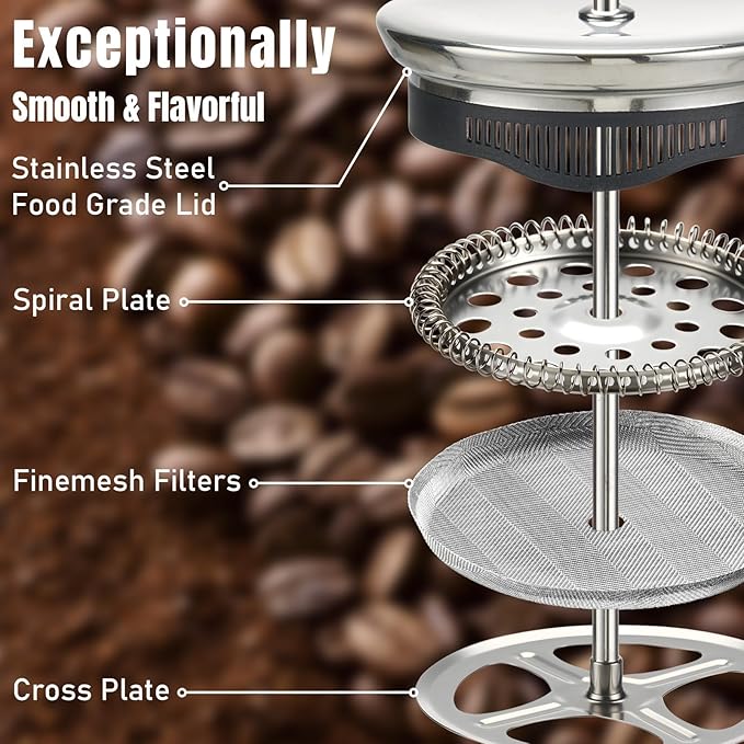 KYZ French Press Coffee Maker, 304 Stainless Steel with 4 Level Filter, 20oz Borosilicate Glass Coffee Press, Heat Resistant, Easy to Clean, 100% BPA Free for Coffee & Tea