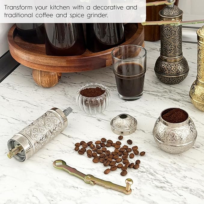 Decorative Handmade Coffee Grinder, Refillable Turkish Spice Mill, Manual Coffee Mill with Handle, Coffee Grinder Metal with Hand Crank 18 cm-7.1 inch (Silver)