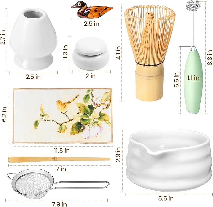 Matcha Whisk Set and Bowl, Matcha Making Kit Whisk, Bowl With Spout, Powder Starter Sifter, Ceramic Whisk Holder, Spoon Japanese Tea Tools For Ceremony Gift (White, 9 Pack)