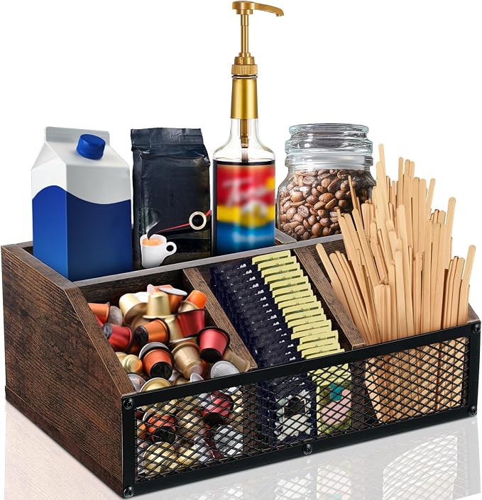 Yalikop Coffee Station Organizer for Countertop, All in One No Assembly Wood Coffee Creamer Bar Holder with Iron Mesh, Office Tea Bar Accessories Gift for New Home Birthday(Dark Brown,Classical) by Yalikop