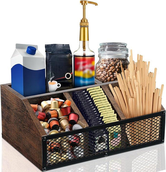 Yalikop Coffee Station Organizer for Countertop, All in One No Assembly Wood Coffee Creamer Bar Holder with Iron Mesh, Office Tea Bar Accessories Gift for New Home Birthday(Dark Brown,Classical) by Yalikop