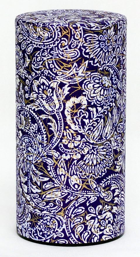 KOTODO Washi Paper Tea Tin Canister: Long 7oz (200g) Purple backdrop with white paisley (#136), Japan