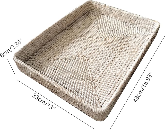 i-lan 17" White Washed Rattan Woven Large Serving Tray Platter for Ottoman,White Rectangular Basket Storage Platter with 2.4” Wall, Decorative Rattan Woven Baskets Tray for Fruits,Table Accessories