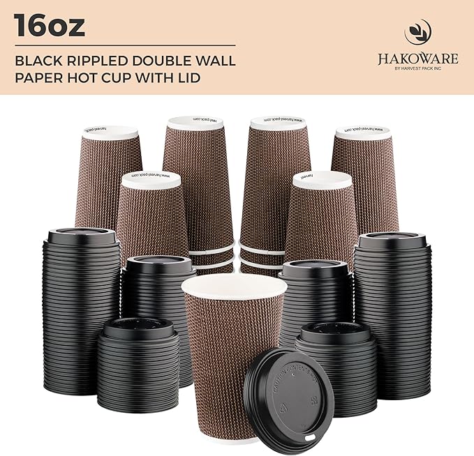 [85 SET]Harvest Pack 16 oz Disposable Coffee Cups, Insulated Ripple Double-Walled Paper Cups with Lids, Brown Geometric, Drinking Cups for Tea Hot Chocolate Drinks To go coffee cups