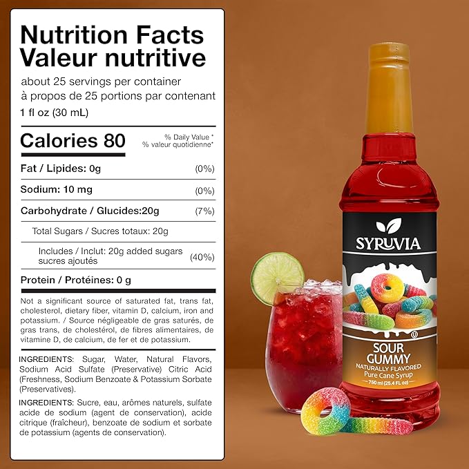 Syruvia Sour Gummy Syrup, Natural Flavors, Syrup for Drinks, Lattes, and Desserts – 25.4 fl oz