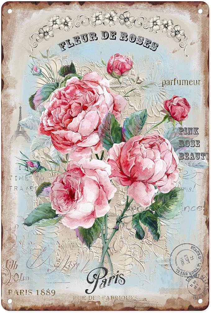 Sanwarm Metal Sign 8X12 Inch, Pink Floral Rose Vintage Tin Sign Wall Art Decor for Home, Living Room, Kitchen, Garden, Bedroom, Office, Hotel, Cafe And Pub Decoration by SanwarmHomeDecor