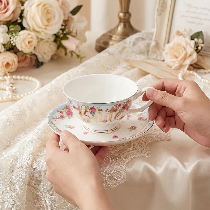 Rtteri Bride Teacup and Saucer Set 7oz Bridal Shower Teacup Porcelain Ceramic Tea Cups for Bridal Shower Tea Party Wedding Decor Victorian Elegant Coffee(Blue,Floral)