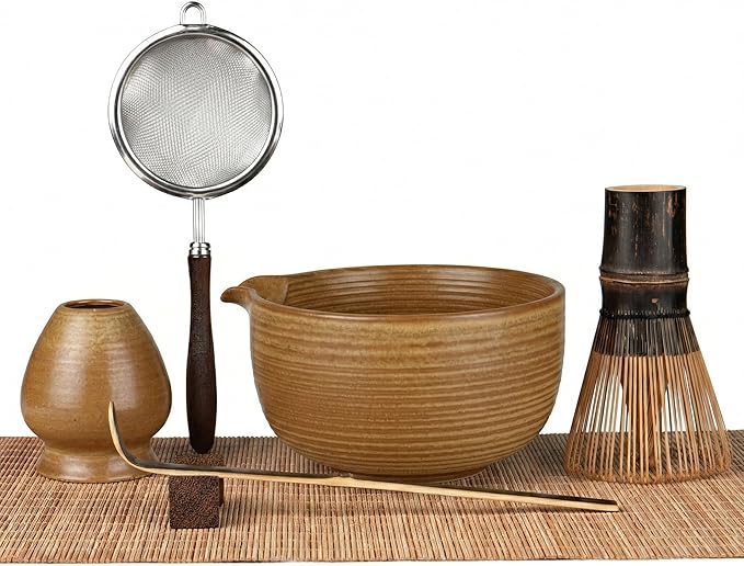 Matcha Whisk Set, 7-Piece Matcha Kit with Ceramic Matcha Bowl, Bamboo Whisk, Scoop & Sifter - Complete Matcha Tea Set Perfect for Beginners & Matcha Lovers, Brown
