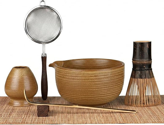 Matcha Whisk Set, 7-Piece Matcha Kit with Ceramic Matcha Bowl, Bamboo Whisk, Scoop & Sifter - Complete Matcha Tea Set Perfect for Beginners & Matcha Lovers, Brown