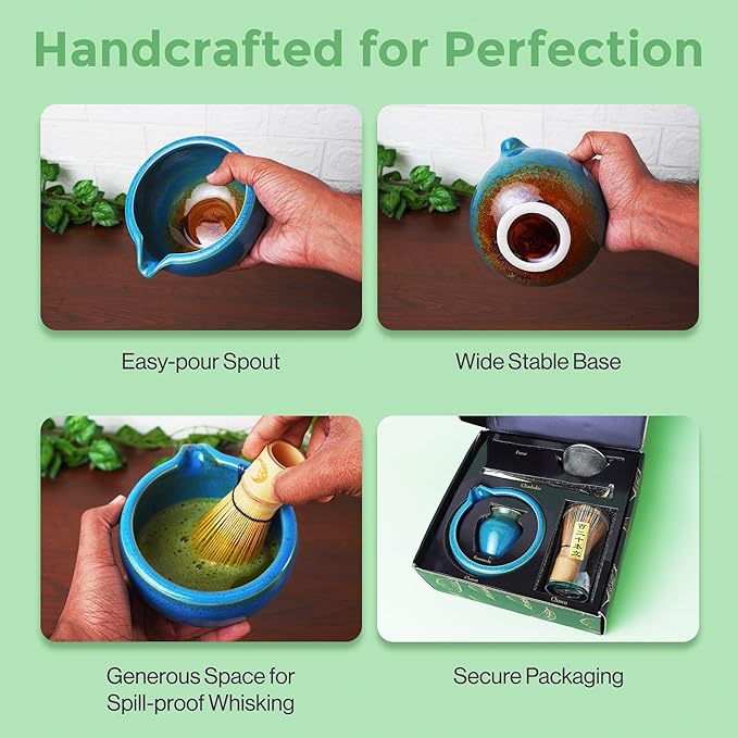 Whisk Set | 5-Piece Japanese Matcha Kit with Bamboo Whisk, Ceramic Bowl with Spout, Sifter & Scoop | Complete Matcha Tea Set for Smooth Frothy Tea | Tea Gift Set for Festivals