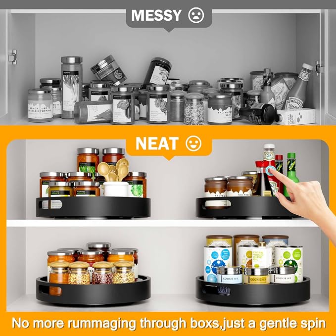 Lazy Susan Organizer Homerays 13 Inch Non-Skid Bamboo Lazy Susan for Kitchen Rotating Spice Rack with Handles, Wood Turntable for Kitchen Cabinet,Countertop (Black, Large) - Image 5