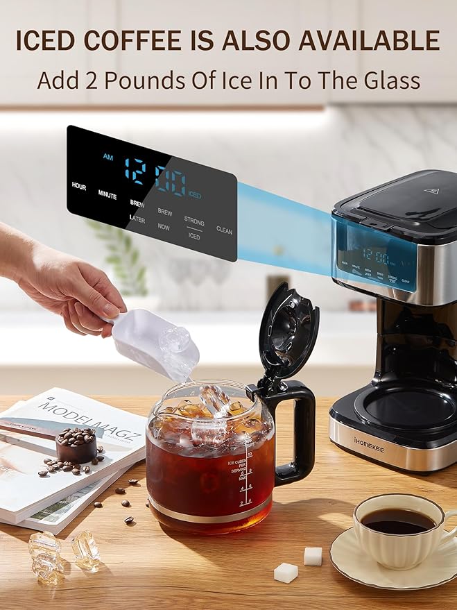 Coffee Maker, Programmable Drip Coffee Maker 12 Cup, Regular & Strong Brew Drip Coffee Machine with Iced Coffee Function for Home and Office, Black & Stainless Steel (Black,Silver)