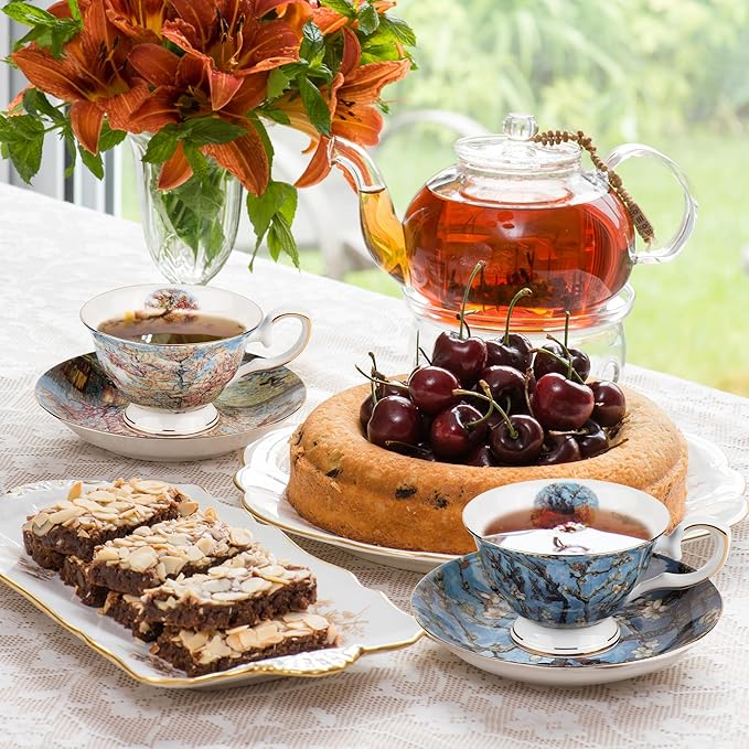Floral Tea Cups Saucers Set of 2, Bone China 7 oz British Teacups Porcelain Coffee Cup for Rose Tea Cappuccino Espresso Latte (Apricot & Peach Blossom)