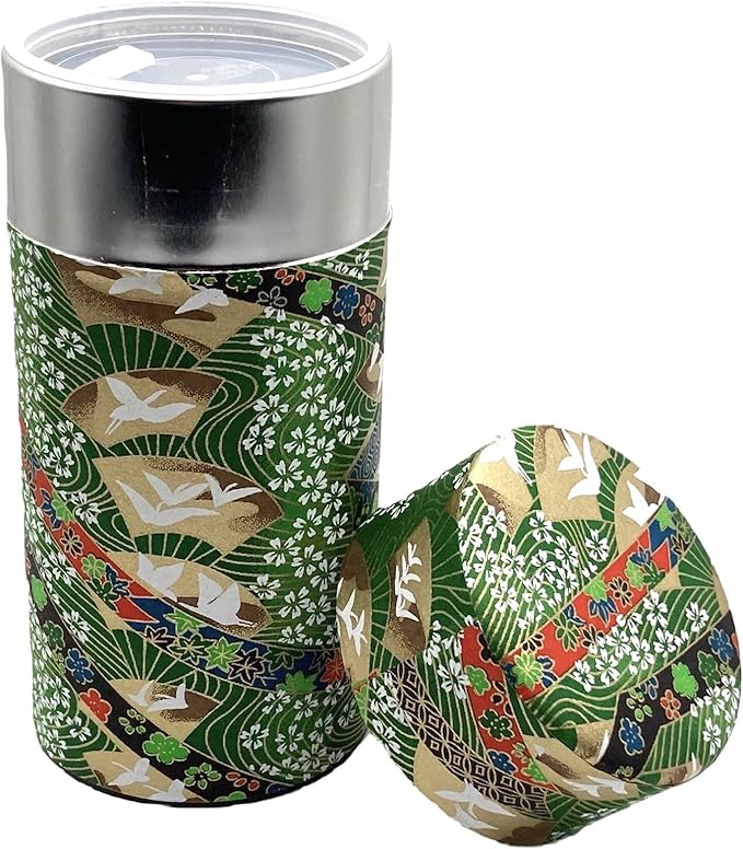 Japanese Tea Canister Tin Crane on a Fan Green/Double Lid/Japanese YUZEN Washi Paper Pasted /200g Tea Capacity/Loose Leaf Tea Storage/Storage Container with Lid