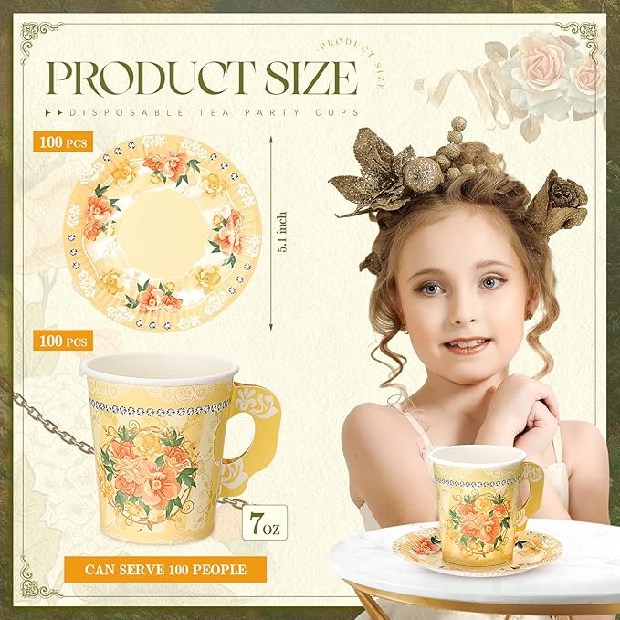 Nuogo 200 Pcs Floral Paper Tea Cups and Saucers 7 oz Disposable Tea Party Decorations Vintage Cute Paper Tea Cups and Plates with Handles for Girls Wedding Baby Bridal Shower Birthday, Serve 100