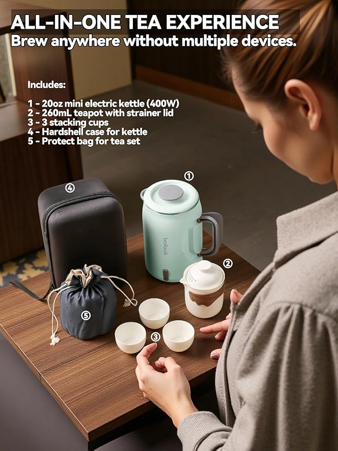 Complete Travel Tea Set with Mini Electric Kettle 0.6L, Hardshell Case for Portable Travel Hot Water Boiler, Teapot with Strainer, Cups and Protect Bag for Home, Office, and Camping Green