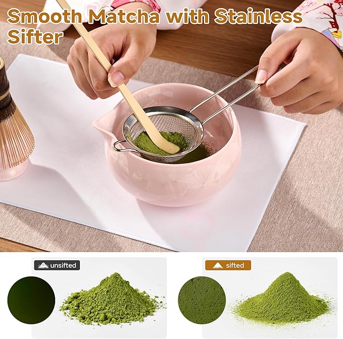 Matcha Whisk Set – Crystalline Glaze Bowl, Bamboo Whisk & Holder, Scoop & Sifter with Holder, Cup with Lid & Straw, Ice Cube Tray & Tea Towel – Pink Matcha Gift Set for Women, Women Gifts