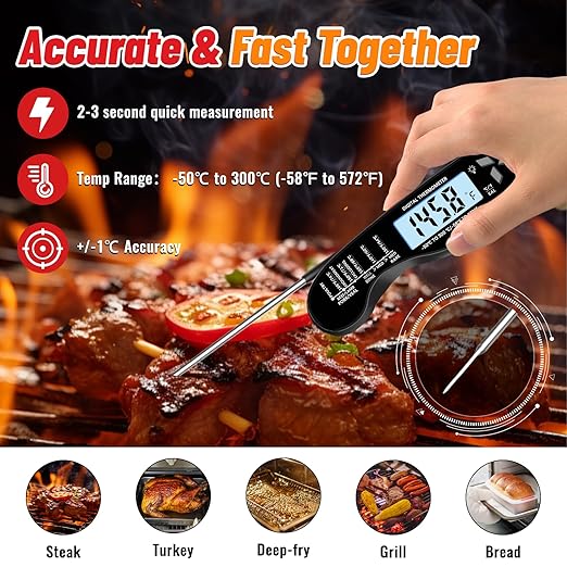Meat Thermometer, IP67 Waterproof Digital Meat Thermometer with Backlight, Hold Function & Magnet for Grill, BBQ, Candy, Beef,Turkey