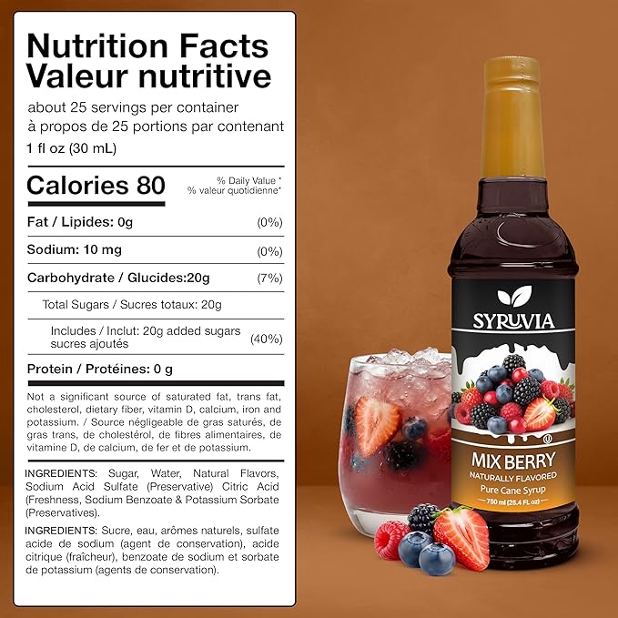 Syruvia Mix Berry Flavored Syrup for Drinks, Cocktails, Lemonades, Iced Teas and Desserts – 25.4 fl oz, With Pump