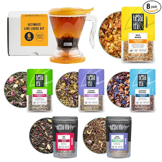 Tiesta Tea Ultimate Live Loose Leaf Kit, Tea Starter Kit with High to Non-Caffeinated Blends, Hot & Iced Brews, Includes Black, Green, Herbal Sample Bags and 16oz Brewmaster Dispensing Infuser