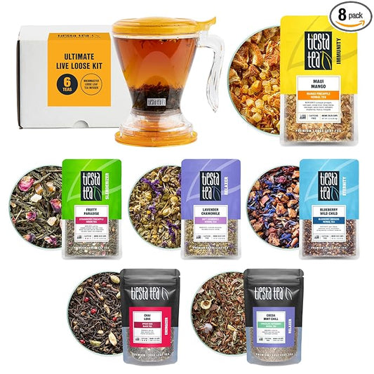 Tiesta Tea Ultimate Live Loose Leaf Kit, Tea Starter Kit with High to Non-Caffeinated Blends, Hot & Iced Brews, Includes Black, Green, Herbal Sample Bags and 16oz Brewmaster Dispensing Infuser