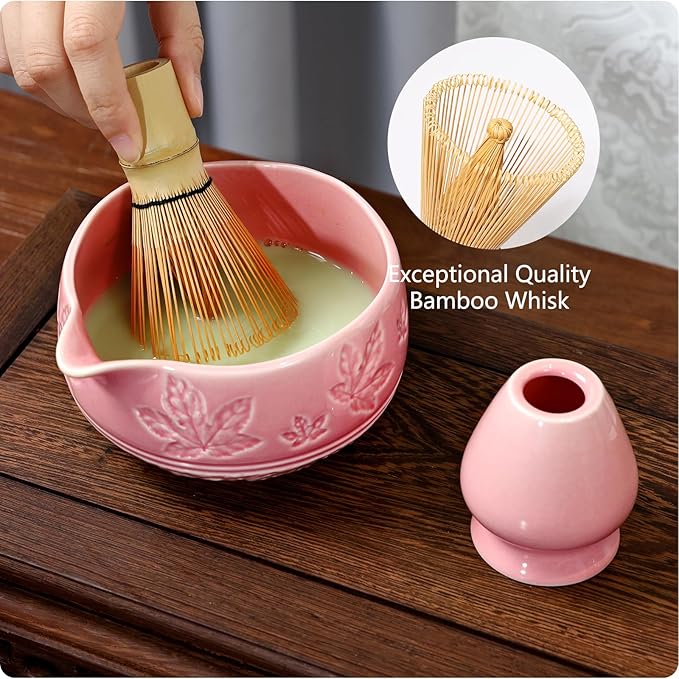 7 Pcs Matcha Whisk Set, Ceremony Matcha Kit with Matcha Bowl, Bamboo Whisk and Holder, Scoop and Scoop Rest, Sifter and Tea Towel, Gift for Matcha Lovers (Pink/Maple Leaf-Patterned)