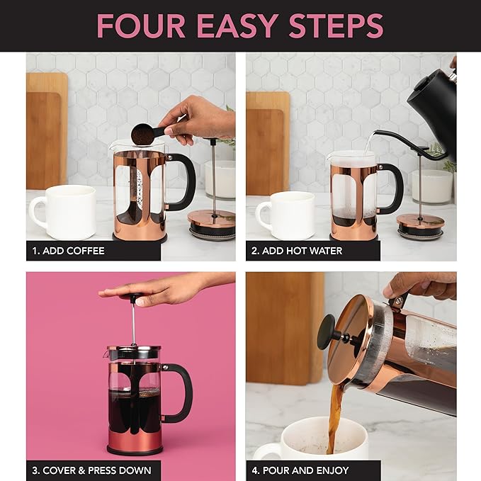 Farberware French Press Coffee Maker, Tea & Espresso Maker, Stainless Steel Cold Brew Press, Heat-Resistant Borosilicate Glass, BPA-Free, Measuring Spoon Included, 8 Cup Capacity (Rose Gold)