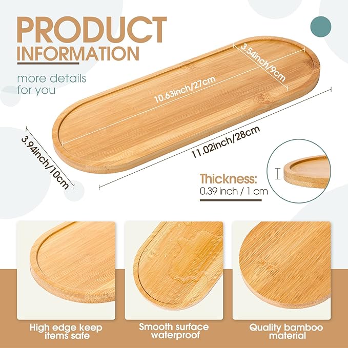 Chengu 3 Pcs Bamboo Vanity Trays for Bathroom Small Wooden Serving Tray for Bathroom Counter Food Appetizer Tea Dessert Kitchen Candle Tissue Toilet Tank Home Decor, 11 x 4 Inch(Oval Edge Style)
