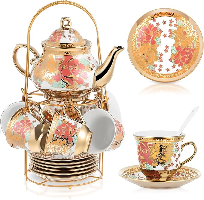 Zhehao 20 Pcs Porcelain Tea Set with Metal Holder and Spoon Adult Ceramic Tea Set European Flower Painting Teapot Cup Saucer Spoon for Women, Large Version(Stylish Style)