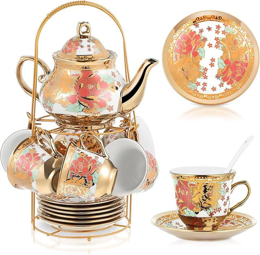 Zhehao 20 Pcs Porcelain Tea Set with Metal Holder and Spoon Adult Ceramic Tea Set European Flower Painting Teapot Cup Saucer Spoon for Women, Large Version(Stylish Style)