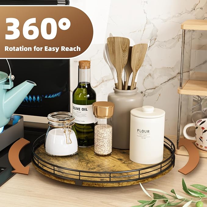 Lazy Susan Turntable Organizer for Table Top, 13’’ Round Wooden Lazy Susan for Cabinet Kitchen Countertop Pantry Dining Coffee Table for Condiments Spices, Rustic Bathroom Vanity Tray for Soap Candle - Image 3