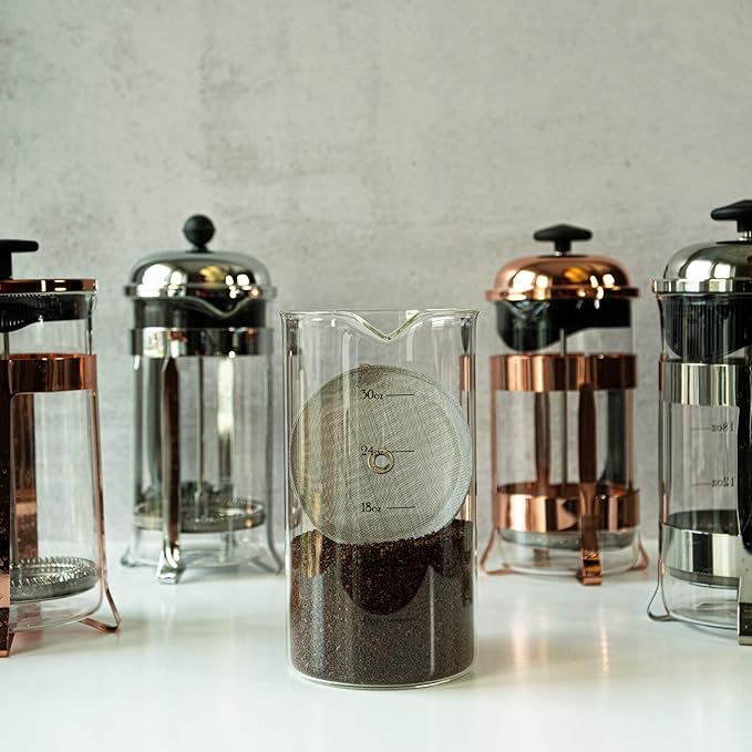 French Press Replacement Glass with Steel Filters by Cafe Crush Club - Fire Hardened Borosilicate Beaker - 34 Ounce | 1 Liter Size with Black Measures