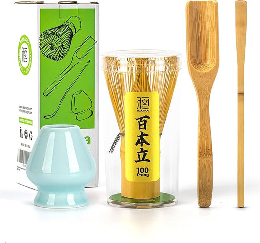 TEANAGOO Matcha Whisk Set, Bamboo Matcha Whisk (Chasen), 4 Pcs Traditional Starter Matcha Set, Scoop (Chashaku) Tea Spoon Whisk Holder, Matcha Accessory, Bamboo Whisk For Matcha Tea (100prongs)