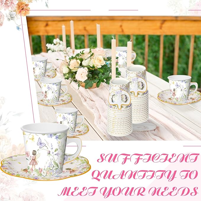 Umigy 60 Sets Tea Party Decorations 6.5 oz Fairy Floral Paper Tea Cups with Handle and Plates Disposable Blossom Teacups and Saucers Sets with Tape for Birthday Hot Cold Drink (Floral,6.5 oz,Blue)