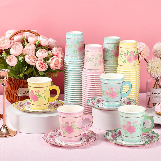 200 Sets Floral Paper Tea Cups and Saucers Disposable Paper Tea Party Supplies 9 oz Cups with Handle and Saucer for Birthday Wedding Party Decorations (Classic Style)