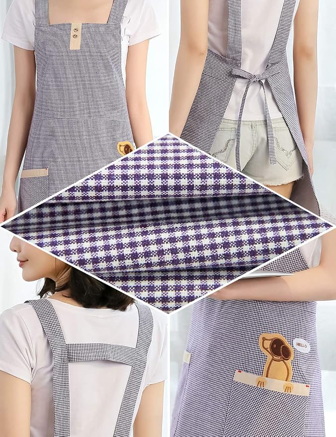 NEWGEM 100% Cotton Cute Gingham Apron with Pockets - Korean Style H-Back Pinafore for Florist, Housekeeping, Art Teacher (Purple Doggy) - Image 5