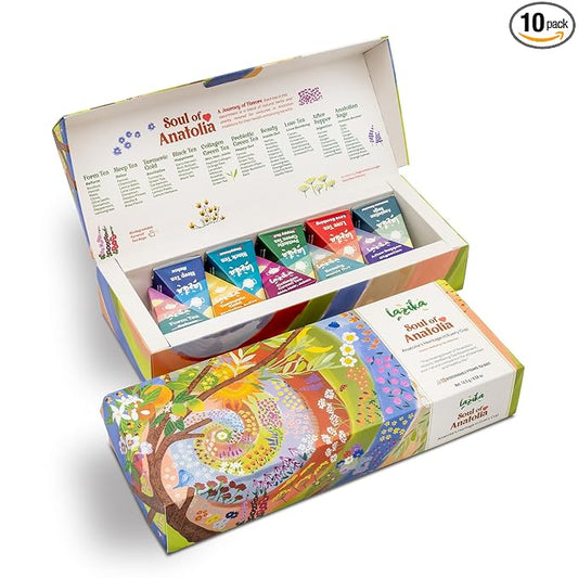 Lazika Tea Sampler with Lovely Presentation Box, 10 Counts, 2 of Each Blend Individually Wrapped, Black, Green and Herbal Tea Variety Gift Set, Premium Collection with Pyramid Infuser Bag, Handcrafted
