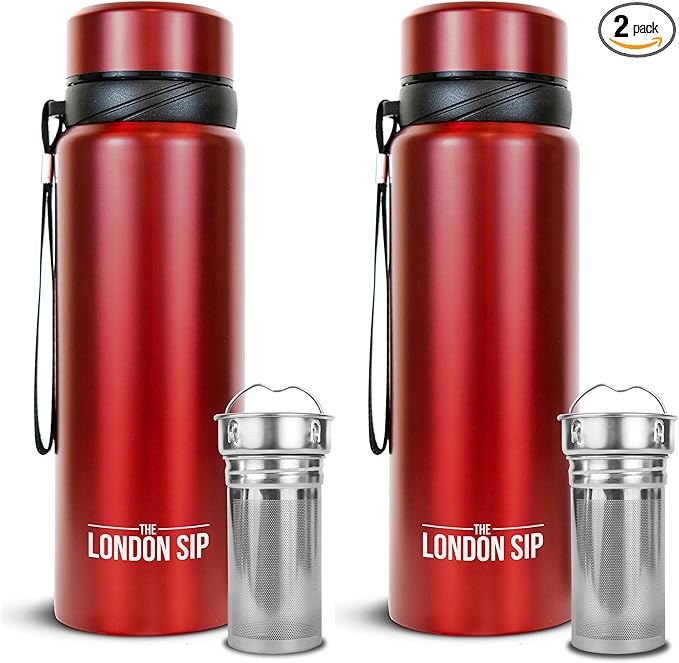 The London Sip 25 oz Multi-Function Travel Mug and Tumbler Tea Infuser Water Bottle Fruit Infused Flask Hot and Cold Double Wall Stainless Steel Coffee Thermos, Sacred Red, Pack of 2