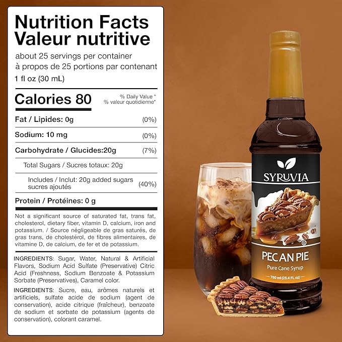 Syruvia Coffee Syrup, Pecan Pie Flavored Syrup for Drinks, Lattes, and Desserts – 25.4 fl oz,