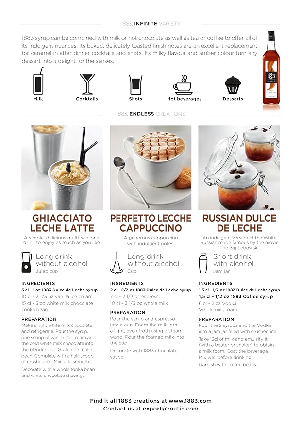 1883 Dulce De Leche Syrup for Drinks, Made in France, 1 Liter Glass Bottle